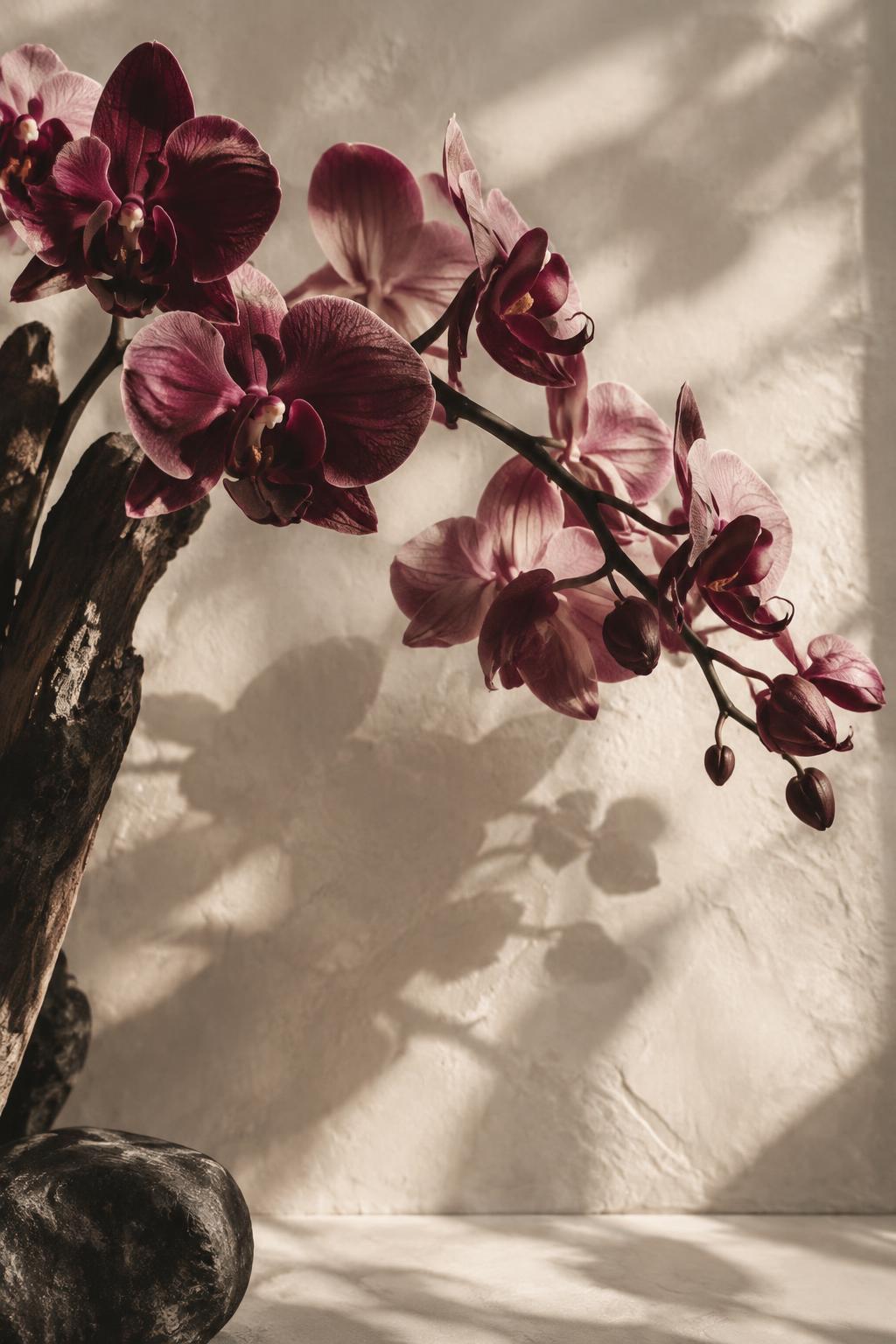 Sculptural plum orchids in soft window light