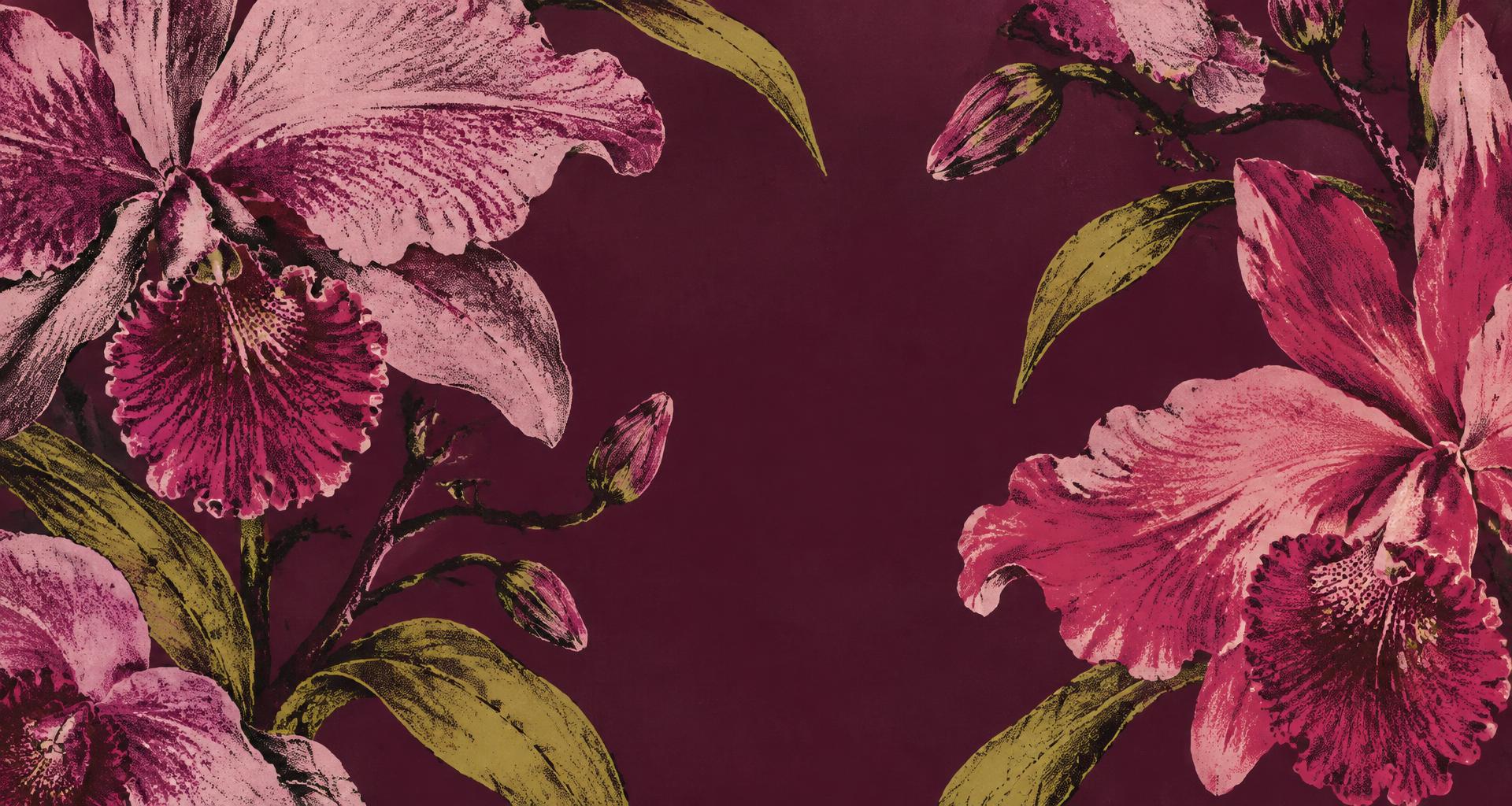 Printed pink orchids framing a deep plum background